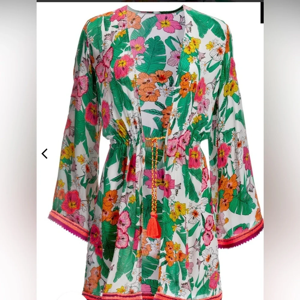 BOSTON PROPER Cabana Tropics Print Flare Sleeve‎ Duster S T01